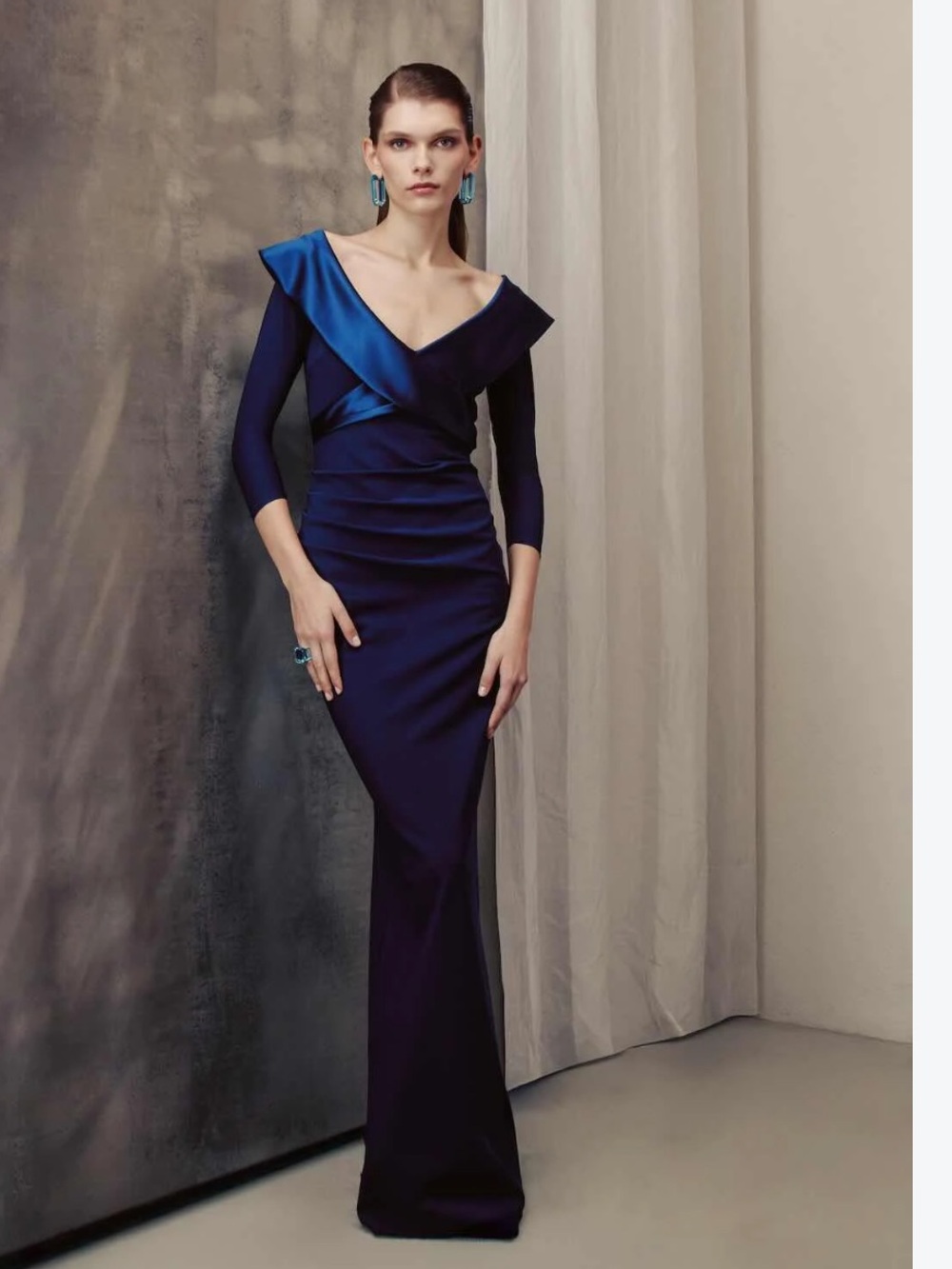 Chiara Boni Deep Blue Long-Sleeve Evening Gown with Draped V-Neck